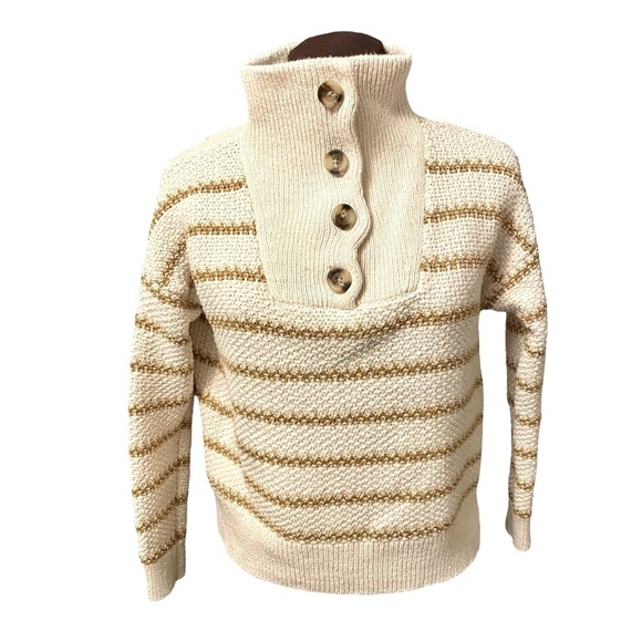 Madewell Canby Button Mockneck Sweater Tan/Antique Stripes Cream Womens size XXS - Picture 1 of 10